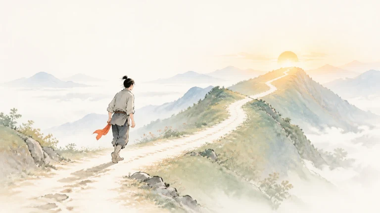 背红巾的旅人沿山脊长路走向日出