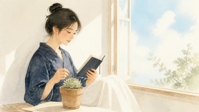 蓝衣女子坐在阳光窗边阅读，身旁摆着多肉盆栽