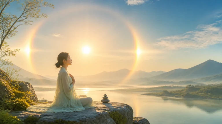 湖边盘坐女子面向日光，天空浮现圆形光晕