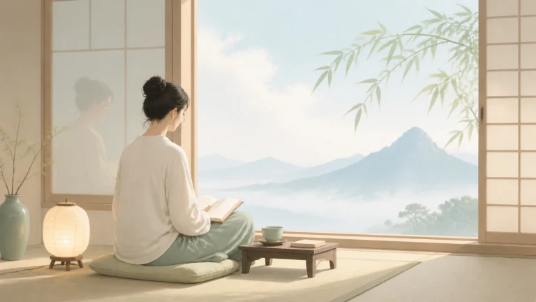女子坐在山景窗前翻书，矮桌灯笼散发暖光