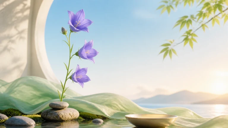 圆窗山水前紫色桔梗花从浅水石间长出