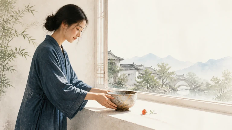 蓝衣女子在亭台窗边捧着陶碗凝神观看