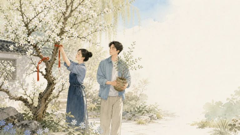 花树下两人共同把红色祈愿带系上枝头
