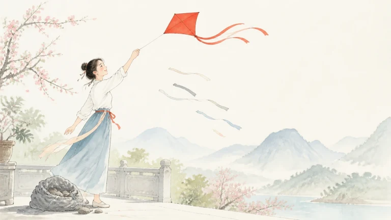古装女子站在山水露台上放飞红色风筝