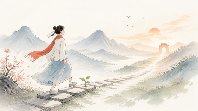红围巾女子踏着山间石板路走向日出
