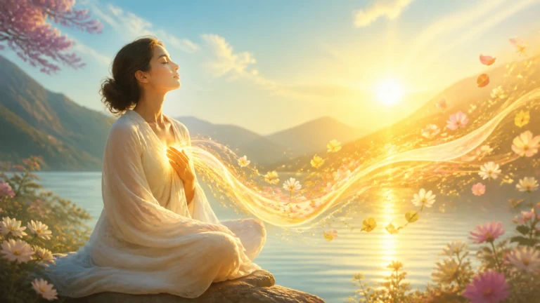 白衣女子静坐花湖边，金色光流环绕身前