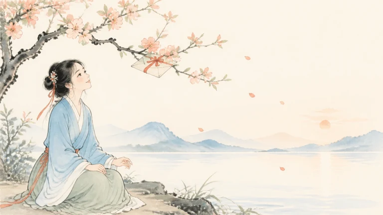古装女子坐在桃花枝下眺望安静湖面