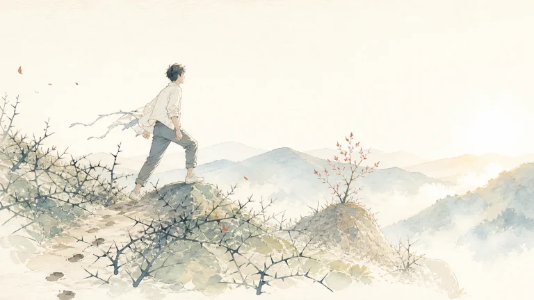 男子跨过长满荆棘的山脊走向晨光