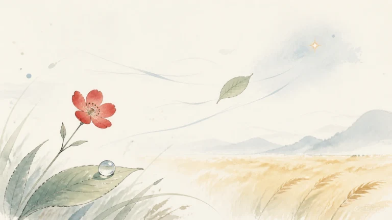 红色小花与露珠在风中越过金黄麦田