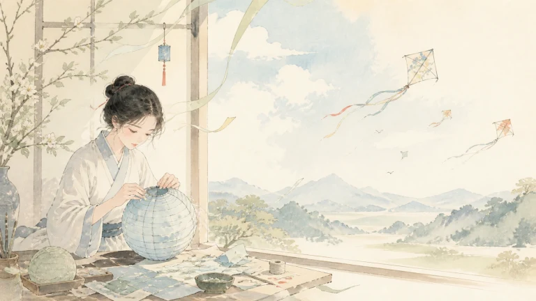 窗边女子制作圆形纸灯，远处天空飘着风筝