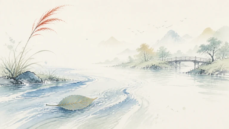 浅蓝溪水绕着漂浮绿叶流向芦苇和小桥