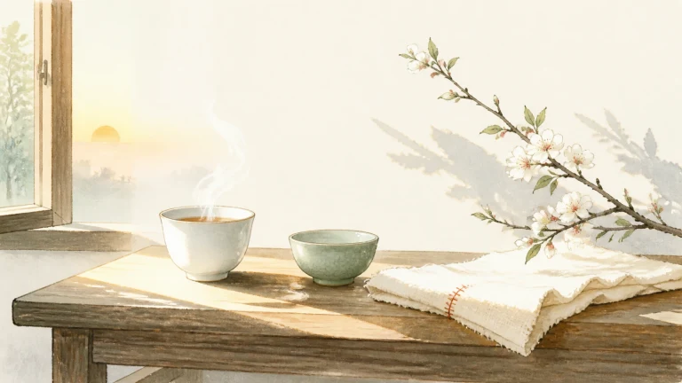 晨光窗边木桌上摆着两只茶杯和折叠织物