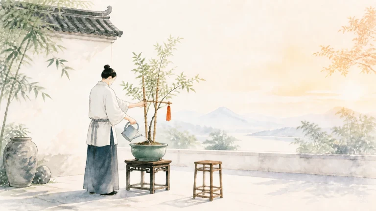 男子在白墙庭院中为盆栽竹子浇水