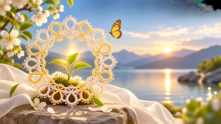 湖边蕾丝圆环围着两株嫩芽，蝴蝶在晨光中飞过