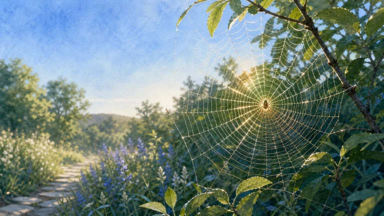 花园小径旁蜘蛛网中央映着一颗金色露珠