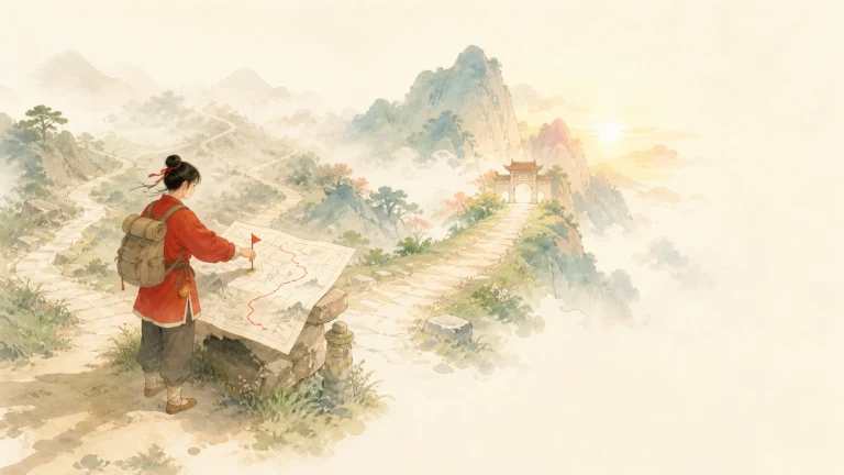 红衣旅行者在山间岔路旁展开地图确认方向