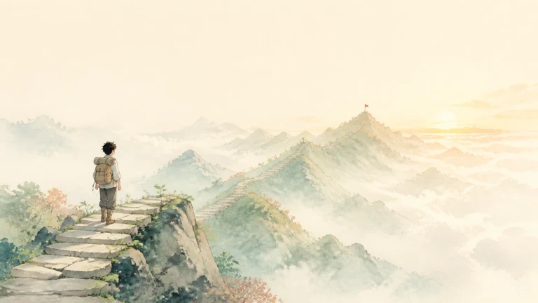 背包客沿悬崖石阶走向云海中的远山