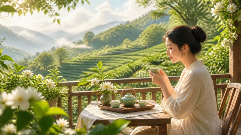 茶山露台上女子端杯品茶，桌边白花盛开