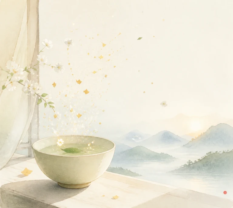 山景窗台上一碗浅绿茶汤旁飘散细小花瓣