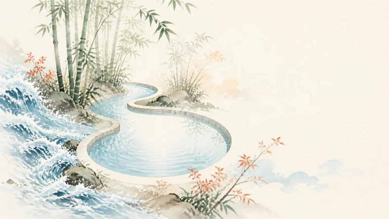 竹林水岸旁弯曲石渠汇成葫芦形清池