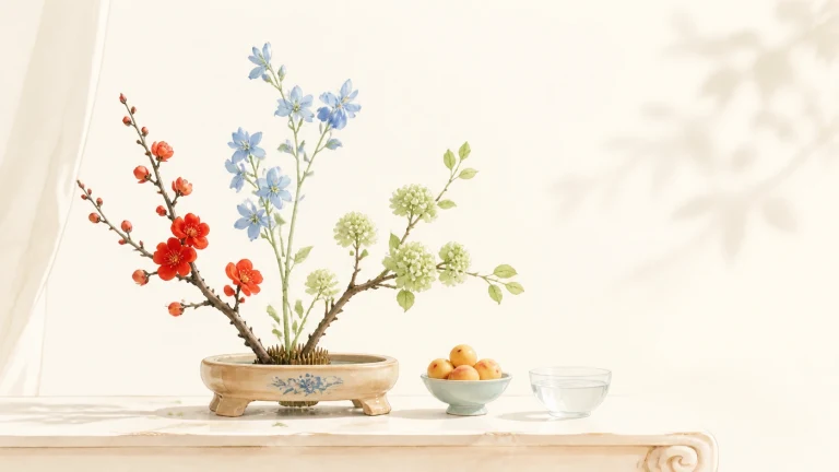 明亮桌面上红蓝花枝插成层次丰富的盆景
