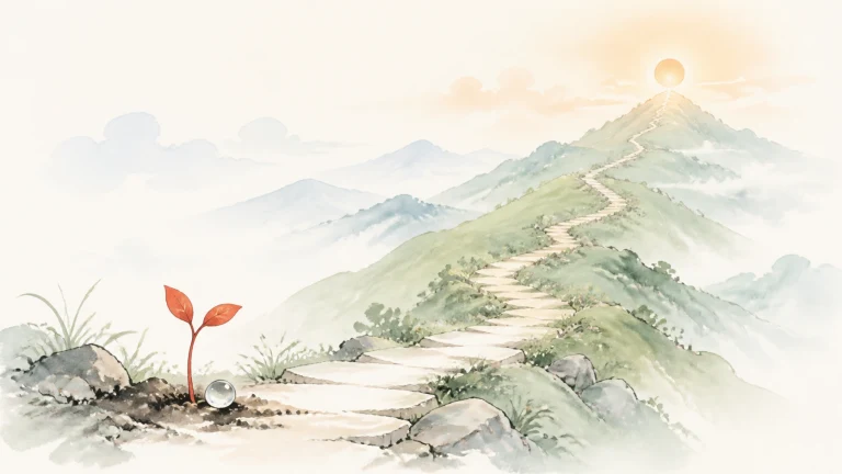 红色嫩芽在山路起点旁生长，石阶通向峰顶朝阳