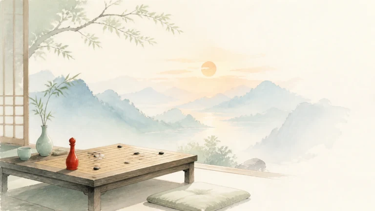 山景窗前木制围棋盘上摆着黑白棋子和红色棋罐