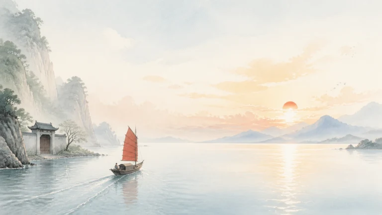 红帆小船驶过夕阳照亮的峡谷湖面