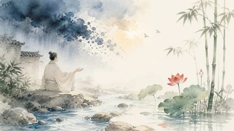 古装人物坐在溪石上静观竹林荷塘与墨色云气