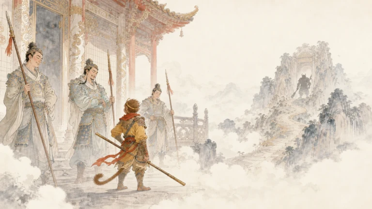 持棍行者登上云山宫门，与门前几位仙人相见