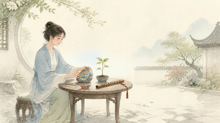 古装女子坐在圆桌旁照料彩绘花盆中的幼苗