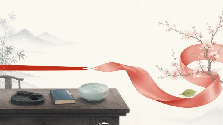 红色长绸从书案墨砚旁随风卷向花枝和远山
