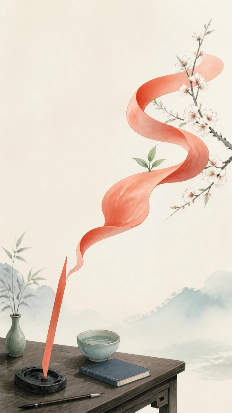 书桌墨砚中红绸盘旋升起掠过水彩山景