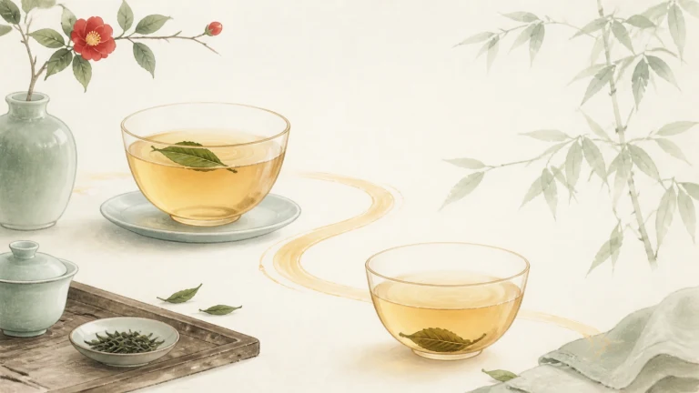 两杯清茶与茶叶摆在竹影花枝旁的明亮桌面上
