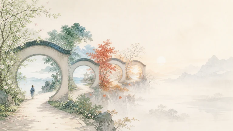 湖岸小径依次穿过四座圆形月洞门通向雾中远山