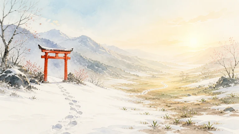 雪地脚印通向山谷中一座红色鸟居