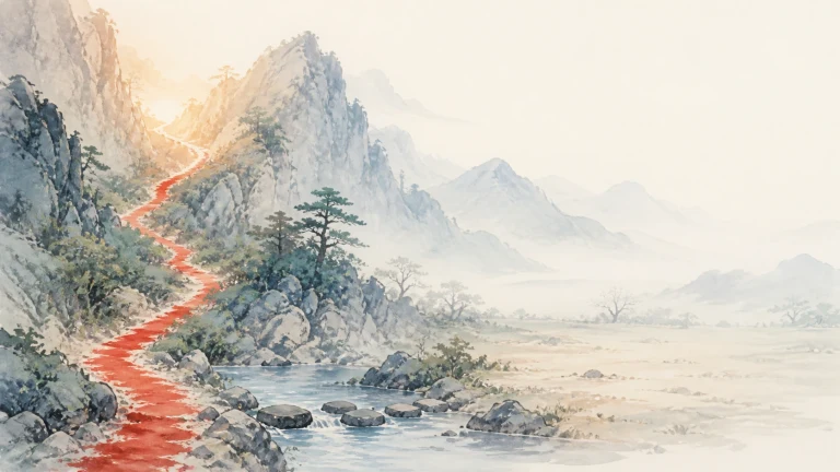 鲜红山路沿溪谷曲折攀向晨光照亮的峰顶