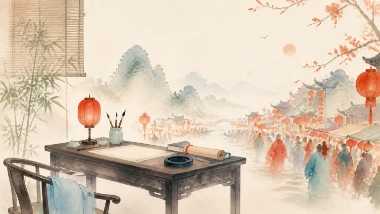 临窗书案与红灯笼俯瞰节日街道的人群
