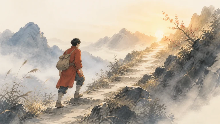 背包旅人沿崎岖山路攀向日出与红叶