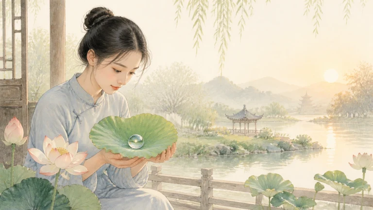 荷塘边女子双手托着盛有圆润露珠的荷叶