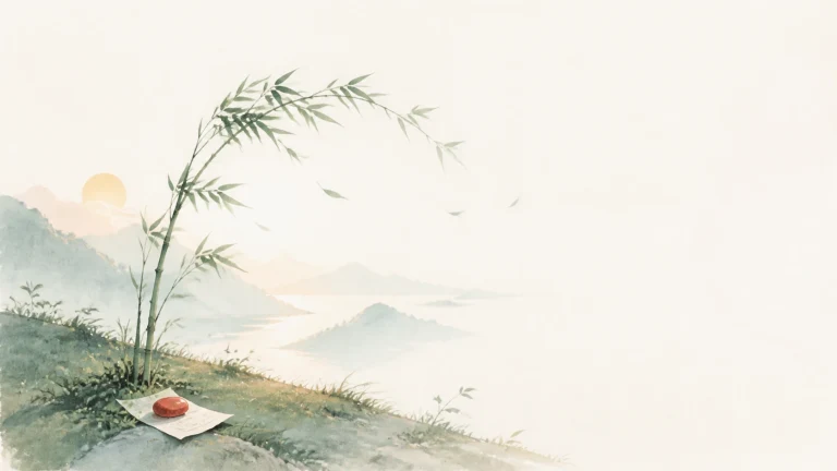 山湖坡地上细竹弯向一张放着红色茶盏的坐垫
