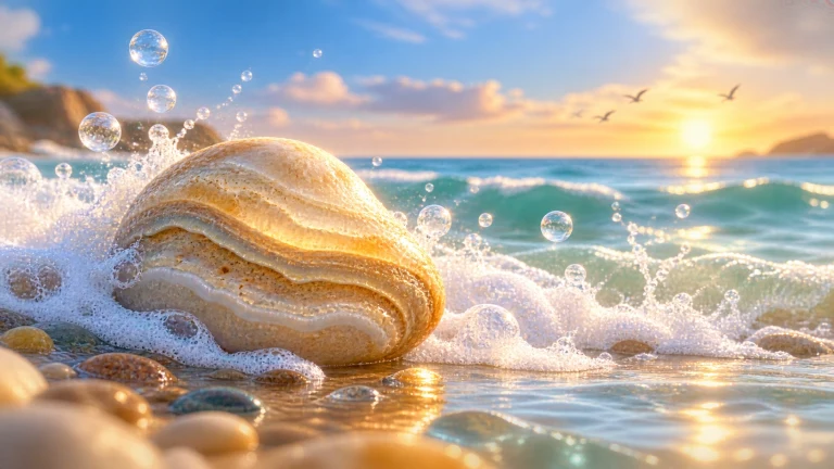 夕阳海浪冲过沙滩上的层叠贝壳并溅起水珠