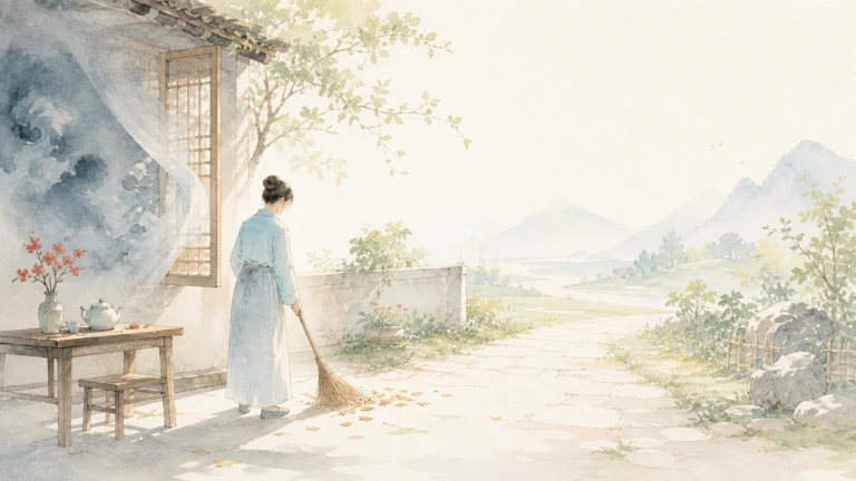 女子手持扫帚站在敞开门前望向乡间小路