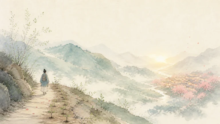 旅行者沿花木山坡小径走向日出峡谷