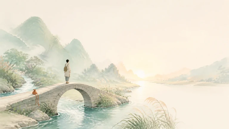 一大一小两个人影分别站在湖上石拱桥两端