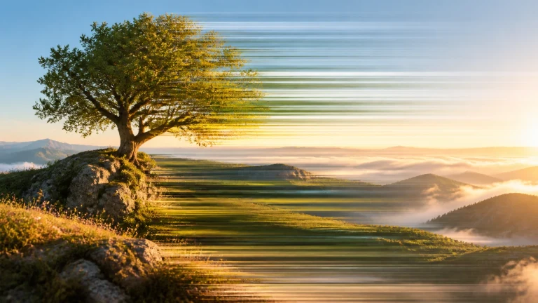 山顶老树与夕阳景色被横向光影拉出流动条纹