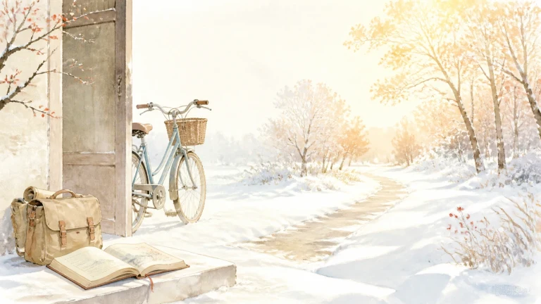 自行车停在雪后门廊，台阶旁放着背包和摊开的书