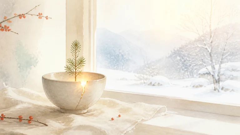 裂开的陶碗中长出一株松苗，窗外是雪山树林