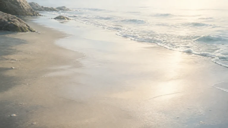 清晨海浪轻轻漫过空旷湿润的沙滩
