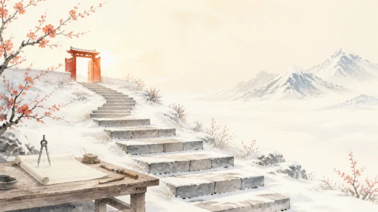 覆雪石阶从绘图桌旁一路通向山间红门